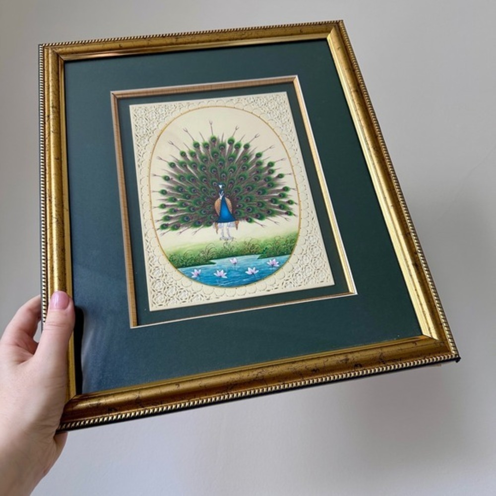 Framed Peacock Artwork, Indian Miniature Painting, Ornate‎ Gold Frame